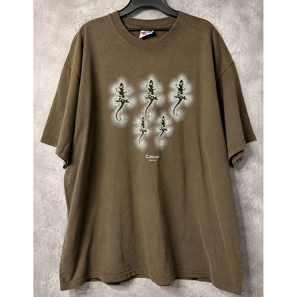 Vintage Cancun Mexico Gecko Lizard Olive Y2K Tourist XXL Graphic T Shirt Men's